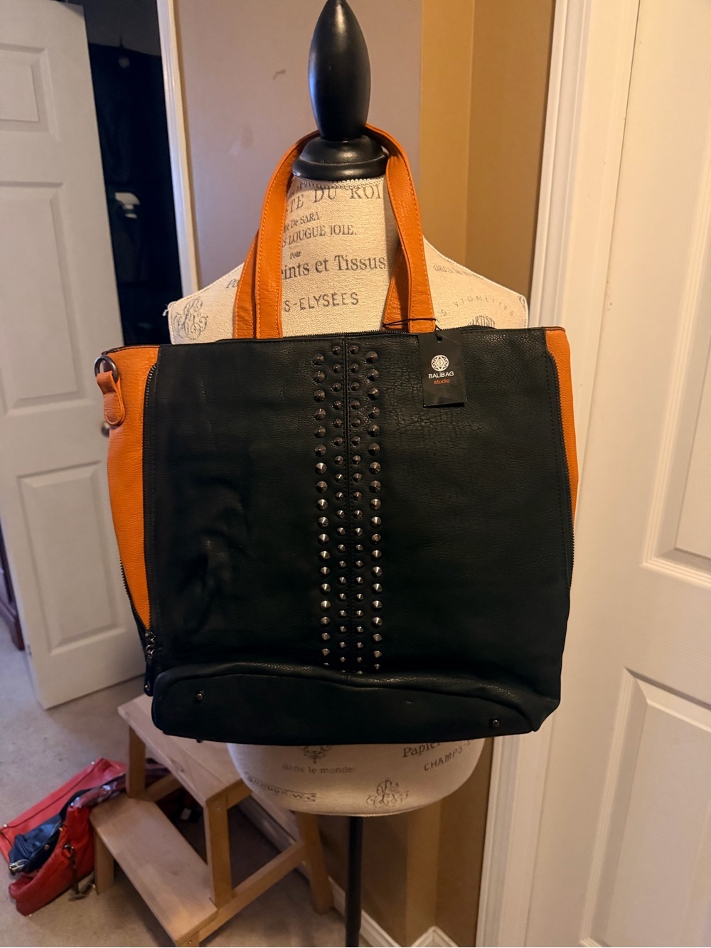 Balibag Black and Orange Leather Studded Tote Bag - Picture 1 of 5